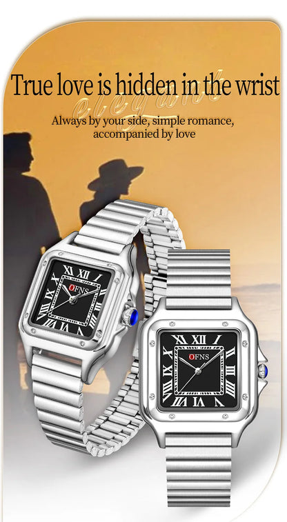 OFNS 2025 New 1516 Square Couple Quartz Watch 3ATM Waterproof Mineral Glass Roman Scale Simple Fashion Watch for Men and Women