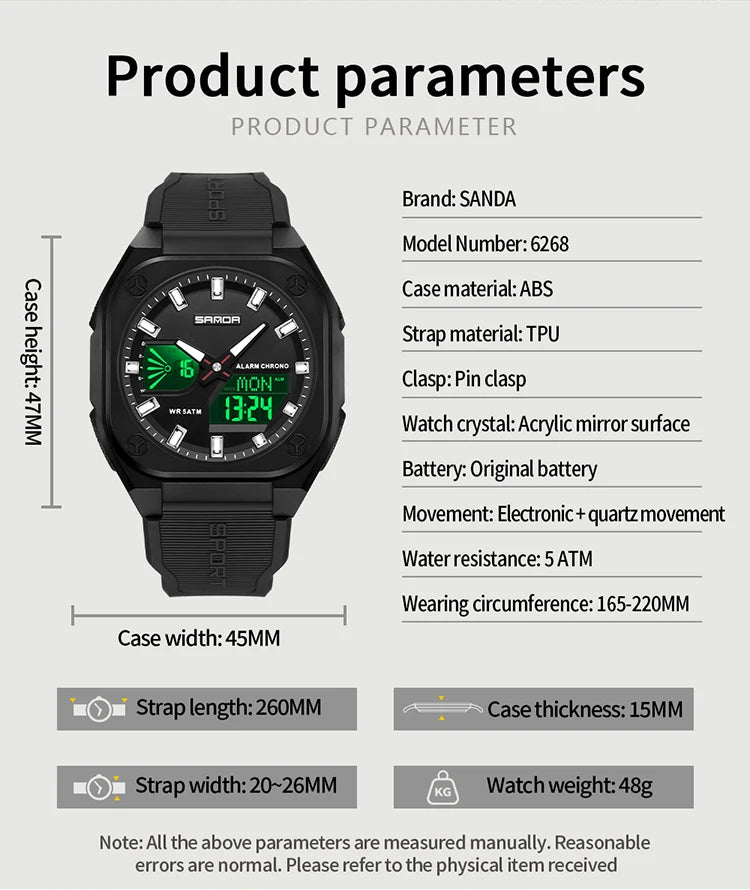 SANDA Quartz Watches for Men's Luxury Military Sport Chronograph Waterproof LED Dual Display Electronic Man Watches Reloj Hombre