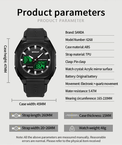 SANDA Quartz Watches for Men's Luxury Military Sport Chronograph Waterproof LED Dual Display Electronic Man Watches Reloj Hombre