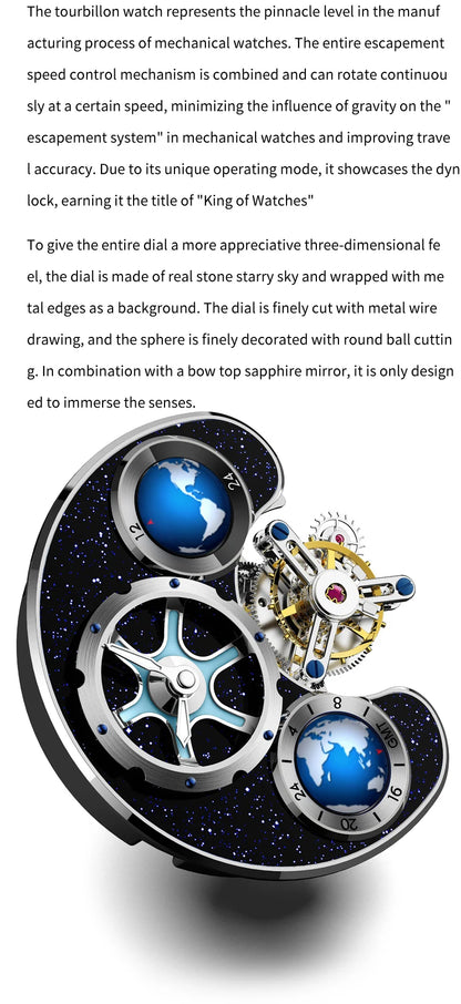 IDEAL KNIGHT 6808 Man Watch Blue Earth Dial Hollow Mechanical Watches For Men Waterproof Tourbillon Men's Automatic Wristwatches