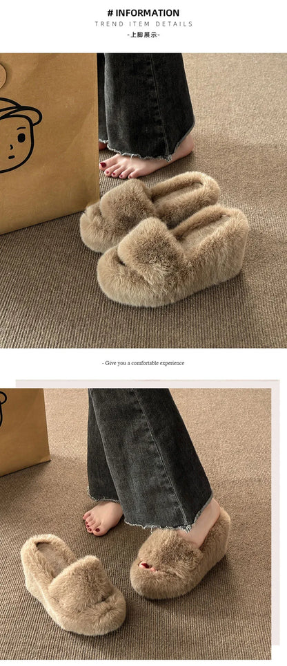 2024 Luxury New Women Feminine High-heeled Fur Drag Outdoor All-match Shoes Slippers Round Head Wedges with Mink Fur Slippers