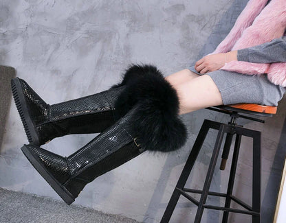 Winter Natural Fox Fur Long Boots Winter Fur Black Genuine Leather Snow Boots Knee- High Boots Waterproof Flat Raccoon Fur Boot