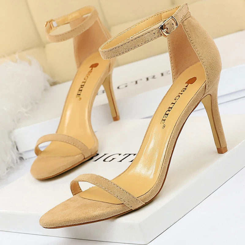 BIGTREE Shoes Summer Women Sandals Suede Hollow High Heels Stiletto Fashion Sandles Women Heels Ladies Shoes Women's Sandals