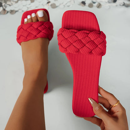 Square-toe Basket-Woven Sandals, Flat Home Slippers