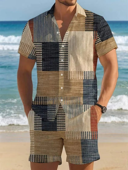 Summer Men's Solid Color Short Sleeve Shirt Set Lapel Button Front Shirt T Shirt Athletic Casual Shorts Set Hawaii Vacation Wear