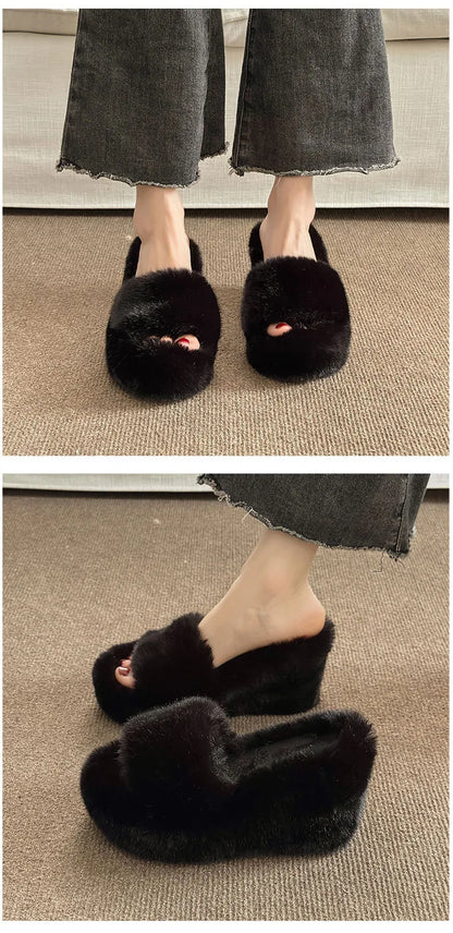 2024 Luxury New Women Feminine High-heeled Fur Drag Outdoor All-match Shoes Slippers Round Head Wedges with Mink Fur Slippers