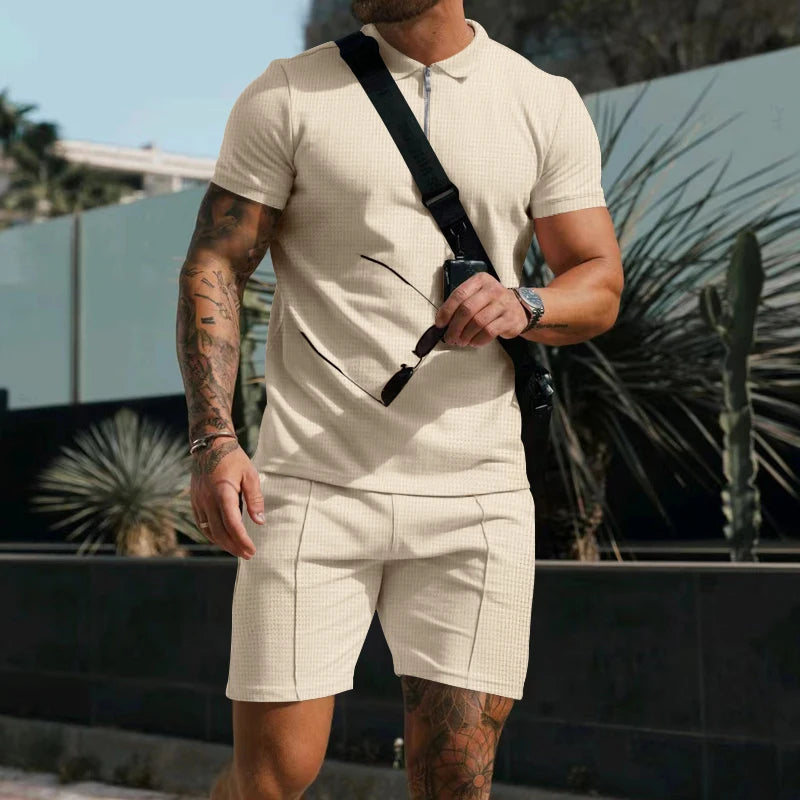 Men's Comfortable Short-Sleeved Waffle Polo Shirt And Shorts Set - Breathable Lightweight Spring/Summer Clothing