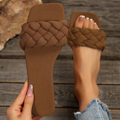 Square-toe Basket-Woven Sandals, Flat Home Slippers