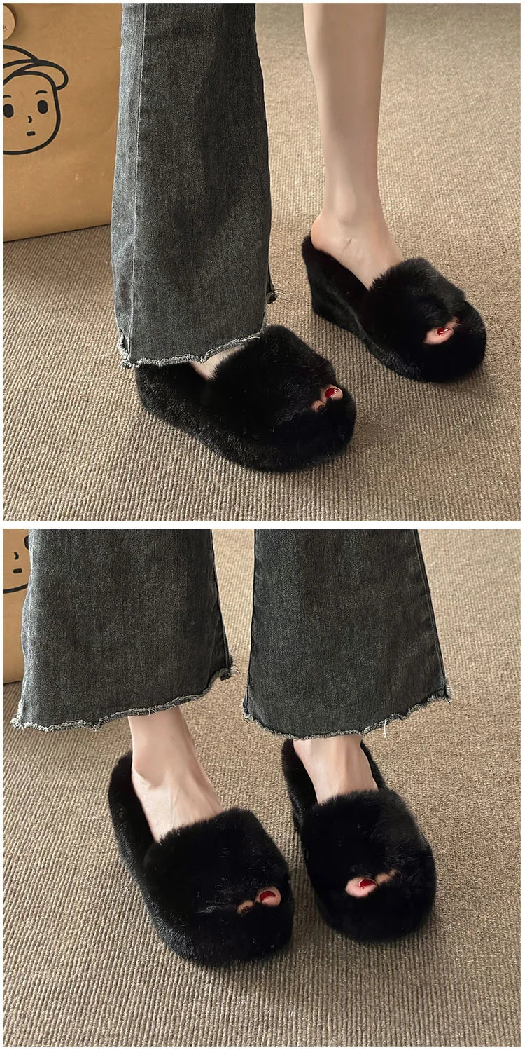 2024 Luxury New Women Feminine High-heeled Fur Drag Outdoor All-match Shoes Slippers Round Head Wedges with Mink Fur Slippers