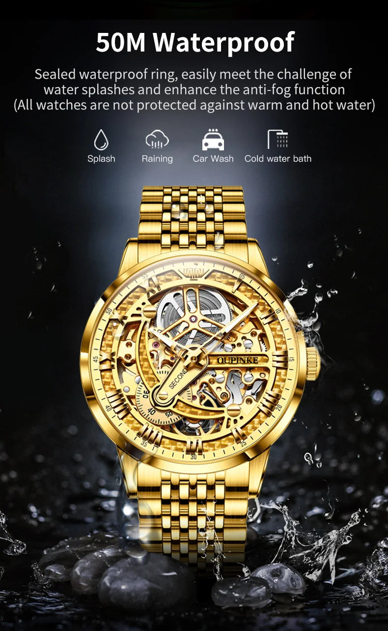 OUPINKE 3173 Men's Full Gold Watch Fully hollow out Waterproof top-level luxury automatic mechanical watch