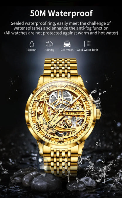 OUPINKE 3173 Men's Full Gold Watch Fully hollow out Waterproof top-level luxury automatic mechanical watch