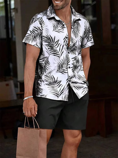 Summer Men's Solid Color Short Sleeve Shirt Set Lapel Button Front Shirt T Shirt Athletic Casual Shorts Set Hawaii Vacation Wear