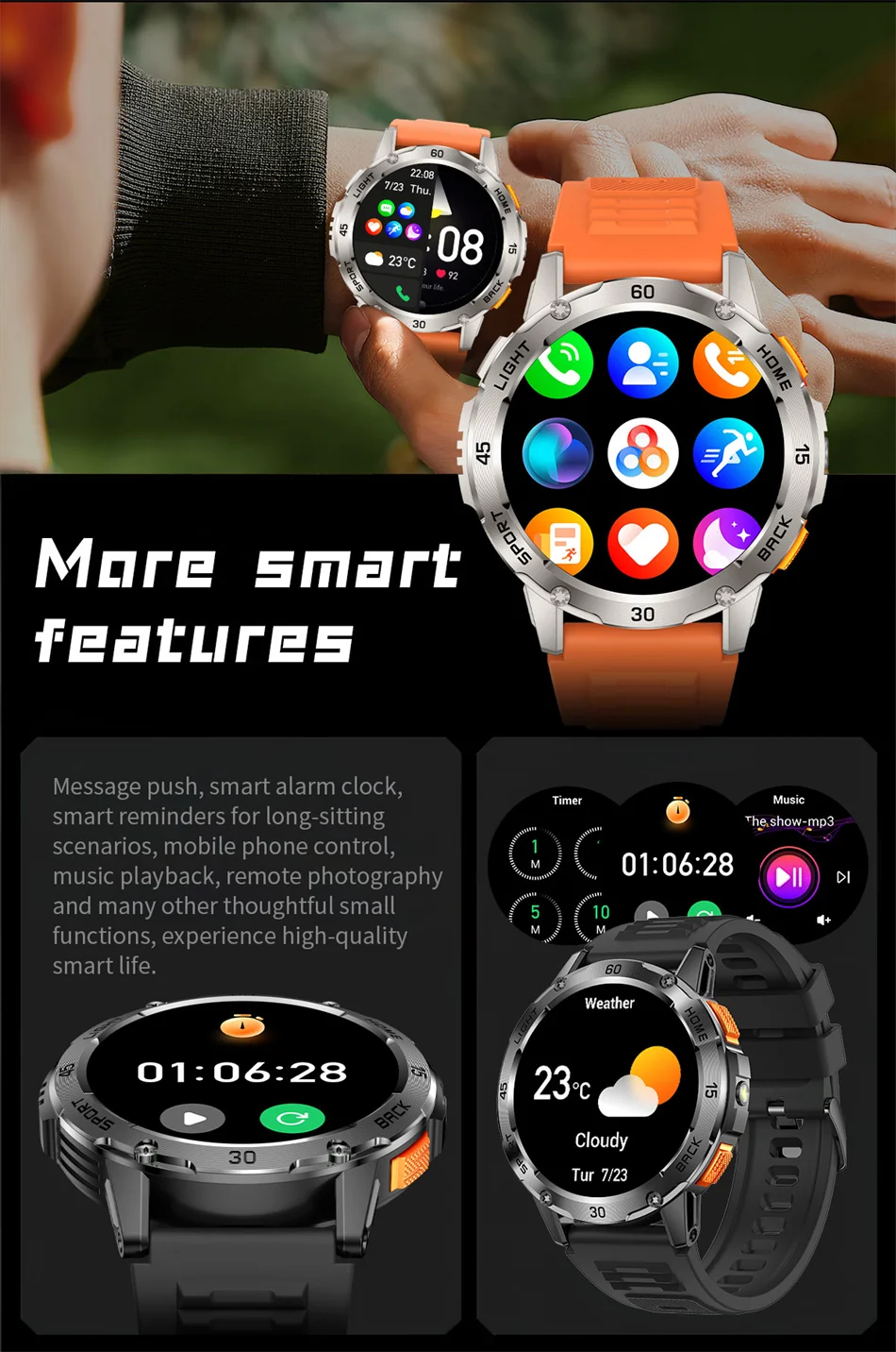5ATM LED Flashlight Smart Watch Men 100+ Sports Modes Health Monitor Man Watches Bluetooth Call Men Smartwatches For Android ios