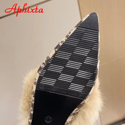 Aphixta New Warm Winter Real Rabbit Fur Plush Women Slippers Birds Furry Plaid Shoes Pointed Toe Flat Heel Hair Slides