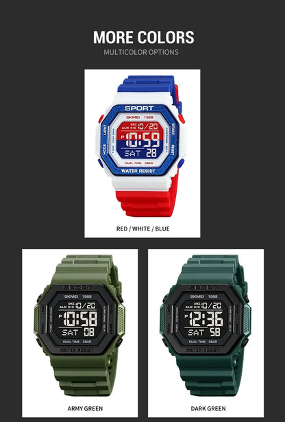SKMEI 1988 Digital Sport Watch for Men LED Display Military Countdown Military Wristwatches Waterproof Mens Reloj Hombre 1628