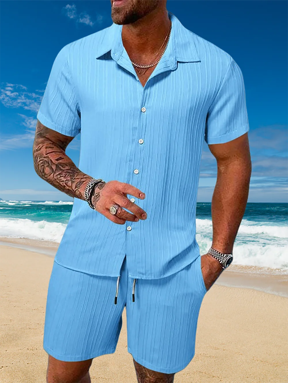 Ice Silk Cool Summer Men's Solid Color Polo Casual Loose Short Sleeve Shorts Sport Set Beach Surfing Ultra-thin Ultra Light