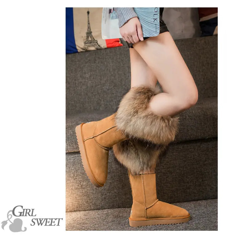 Winter Natural Fox Fur Long Boots Winter Fur Black Genuine Leather Snow Boots Knee- High Boots Waterproof Flat Raccoon Fur Boot