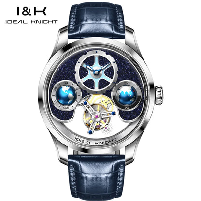 IDEAL KNIGHT 6808 Man Watch Blue Earth Dial Hollow Mechanical Watches For Men Waterproof Tourbillon Men's Automatic Wristwatches
