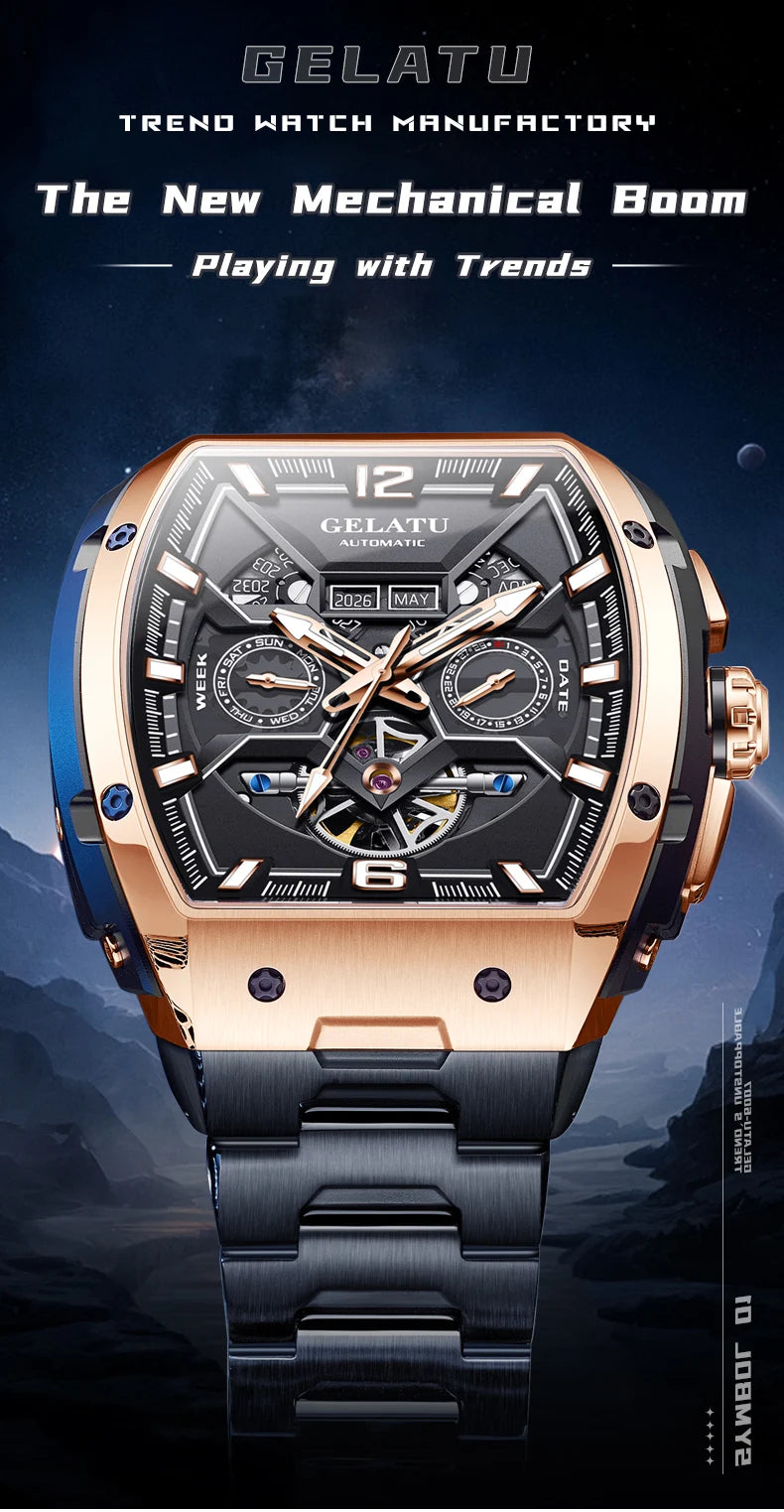 Reloj Hombre Watches Mens GELATU Top Brand Luxury Rose Black Skeleton Tourbillon Automatic Mechanical Watch for Men Waterproof