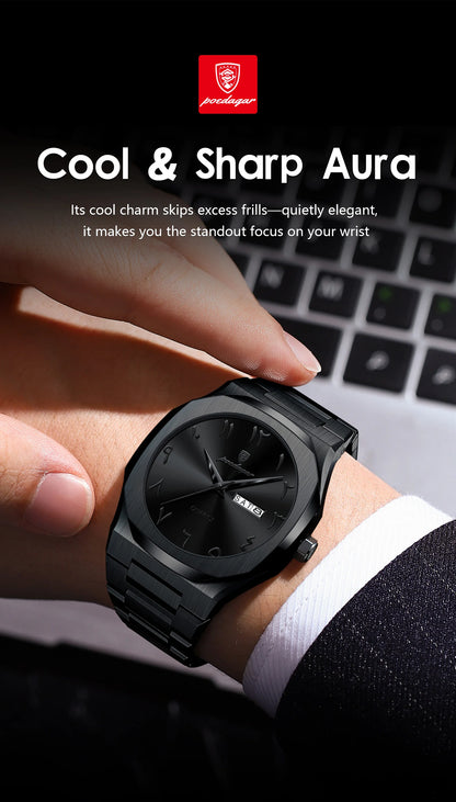 POEDAGAR Military Watch For Men Waterproof Luxury Week Calendar Man Wristwatch Quartz Stainless Steel Fashion Men's Watches Male