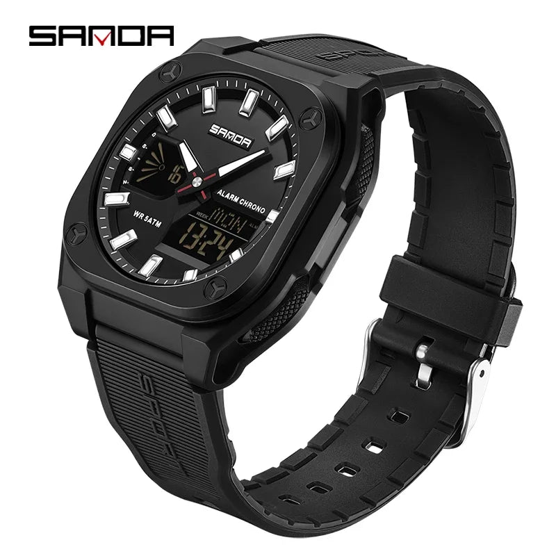 SANDA Quartz Watches for Men's Luxury Military Sport Chronograph Waterproof LED Dual Display Electronic Man Watches Reloj Hombre