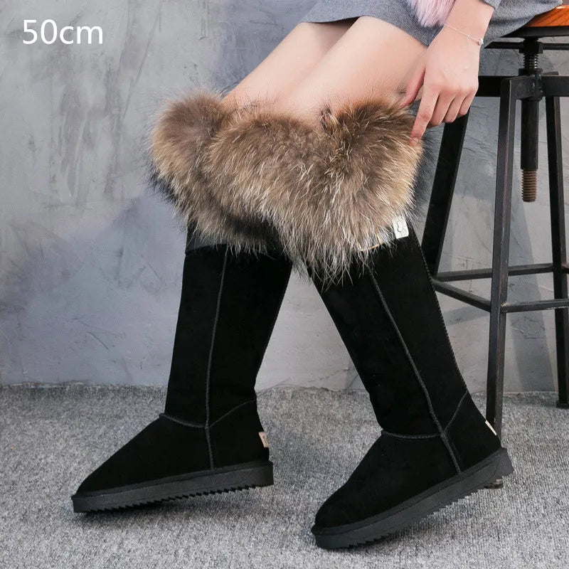 Winter Natural Fox Fur Long Boots Winter Fur Black Genuine Leather Snow Boots Knee- High Boots Waterproof Flat Raccoon Fur Boot