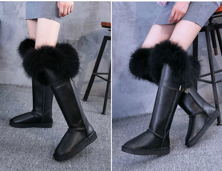 Winter Natural Fox Fur Long Boots Winter Fur Black Genuine Leather Snow Boots Knee- High Boots Waterproof Flat Raccoon Fur Boot