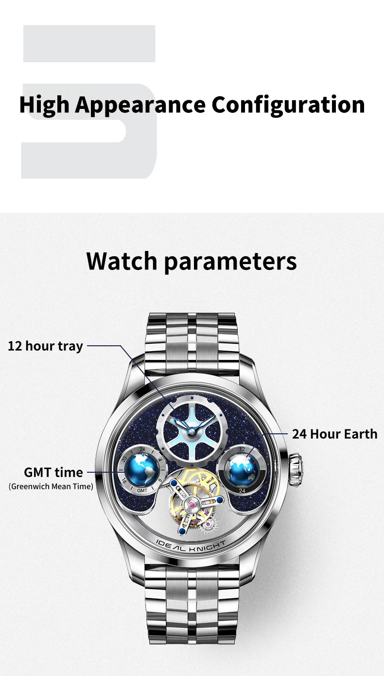 IDEAL KNIGHT 6808 Man Watch Blue Earth Dial Hollow Mechanical Watches For Men Waterproof Tourbillon Men's Automatic Wristwatches