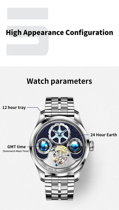 IDEAL KNIGHT 6808 Man Watch Blue Earth Dial Hollow Mechanical Watches For Men Waterproof Tourbillon Men's Automatic Wristwatches