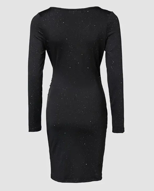 Elegant Black V-Neck Ruched Mini Dress for Women | Glitter Long Sleeve Stretch Cocktail Party Dress
