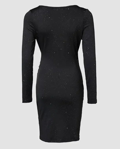 Elegant Black V-Neck Ruched Mini Dress for Women | Glitter Long Sleeve Stretch Cocktail Party Dress