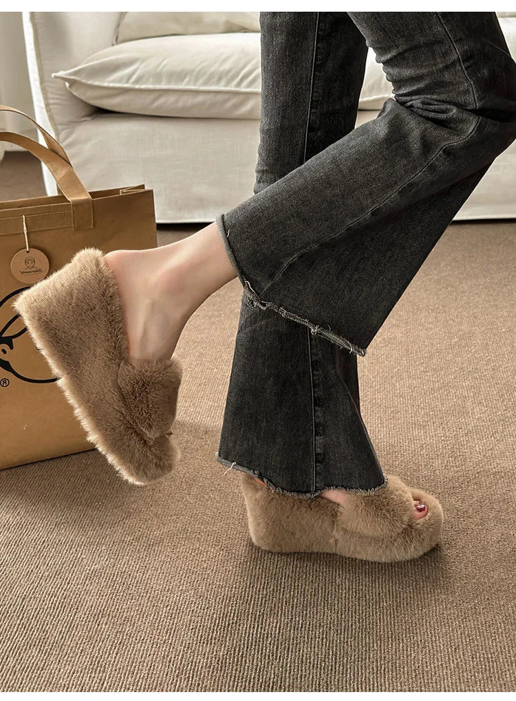 2024 Luxury New Women Feminine High-heeled Fur Drag Outdoor All-match Shoes Slippers Round Head Wedges with Mink Fur Slippers