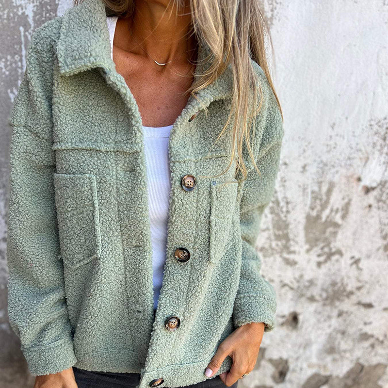 Plus Size Women's Solid Color Sherpa Jacket, Long Sleeve Lapel Single Breasted Fleece Coat With Pockets For Autumn Winter